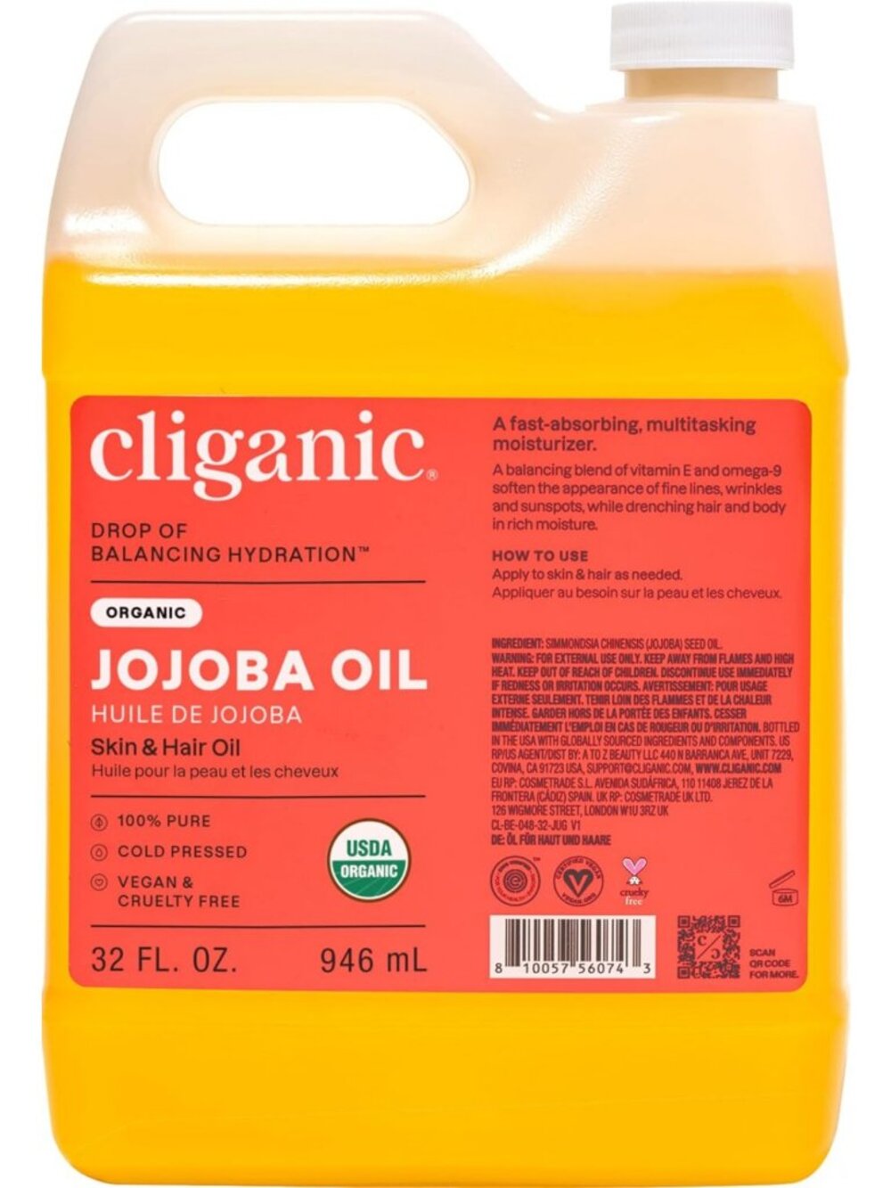 100% Pure Organic Jojoba Oil - Cold Pressed, 32oz for Face & Hair Care
